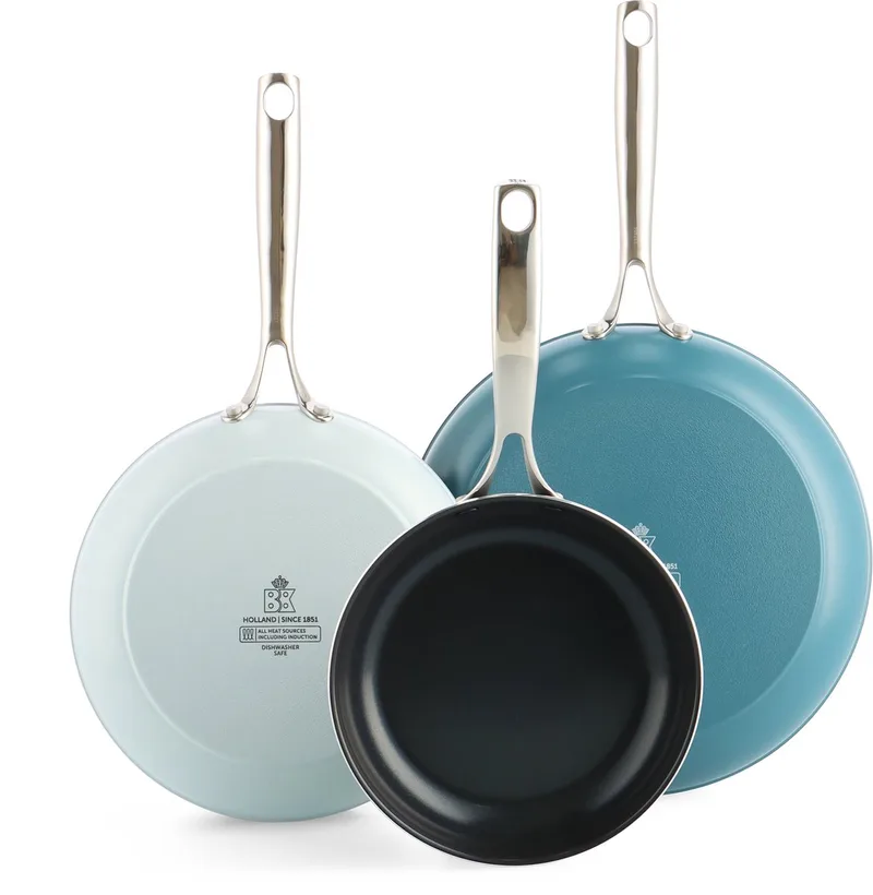 Sky Koekenpannenset 3 delig - 20/24/28cm - PFAS vrije antikleeflaag – Pannenset inductie - Keramische pan – Ovenbestendig tot 220°C – RVS handgrepen - Blauw fra BK i Blå – produktbillede
