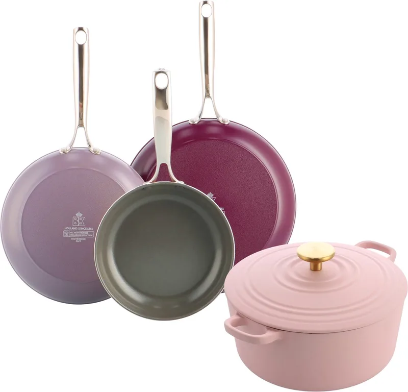 Sky Violet Koekenpannenset 3-delig 20/24/28cm + Bourgogne Braadpan 24cm - 4.2l - PFAS-vrije antikleeflaag - Pannenset inductie - Keramische pan - Braadpan Gietijzer - Ovenbestendig tot 220°C - Met deksel - Roze de BK en Multicolore – photo produit