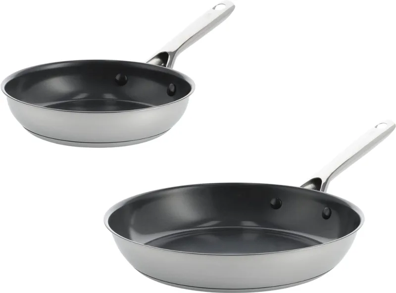 Sparkling Coated Koekenpannenset 2-delig - Koekenpannen 20/28 cm - PFAS-vrije antikleeflaag - Pannenset inductie - Keramische koekenpan - Ovenbestendig tot 220°C - RVS handgrepen by BK in Silver – product photo