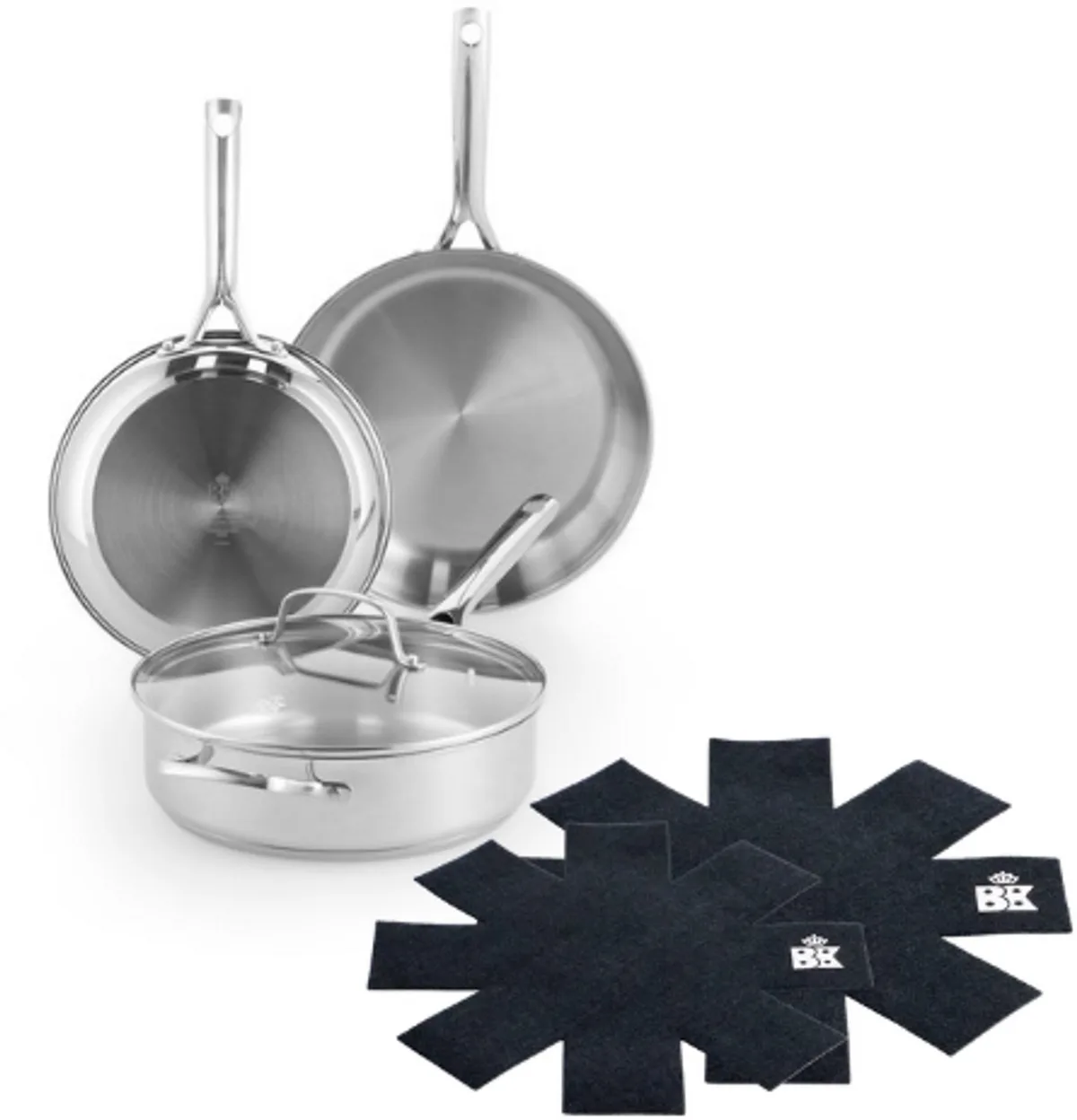 Sparkling Pannenset 3-delig - Koekenpannen 24/28cm - Hapjespan 28cm/3.6L - Zonder antikleeflaag - Pannenset inductie - RVS pannenset - Ovenbestendig tot 230°C - RVS handgrepen - Met Panbeschermer van BK in Zilver – productfoto