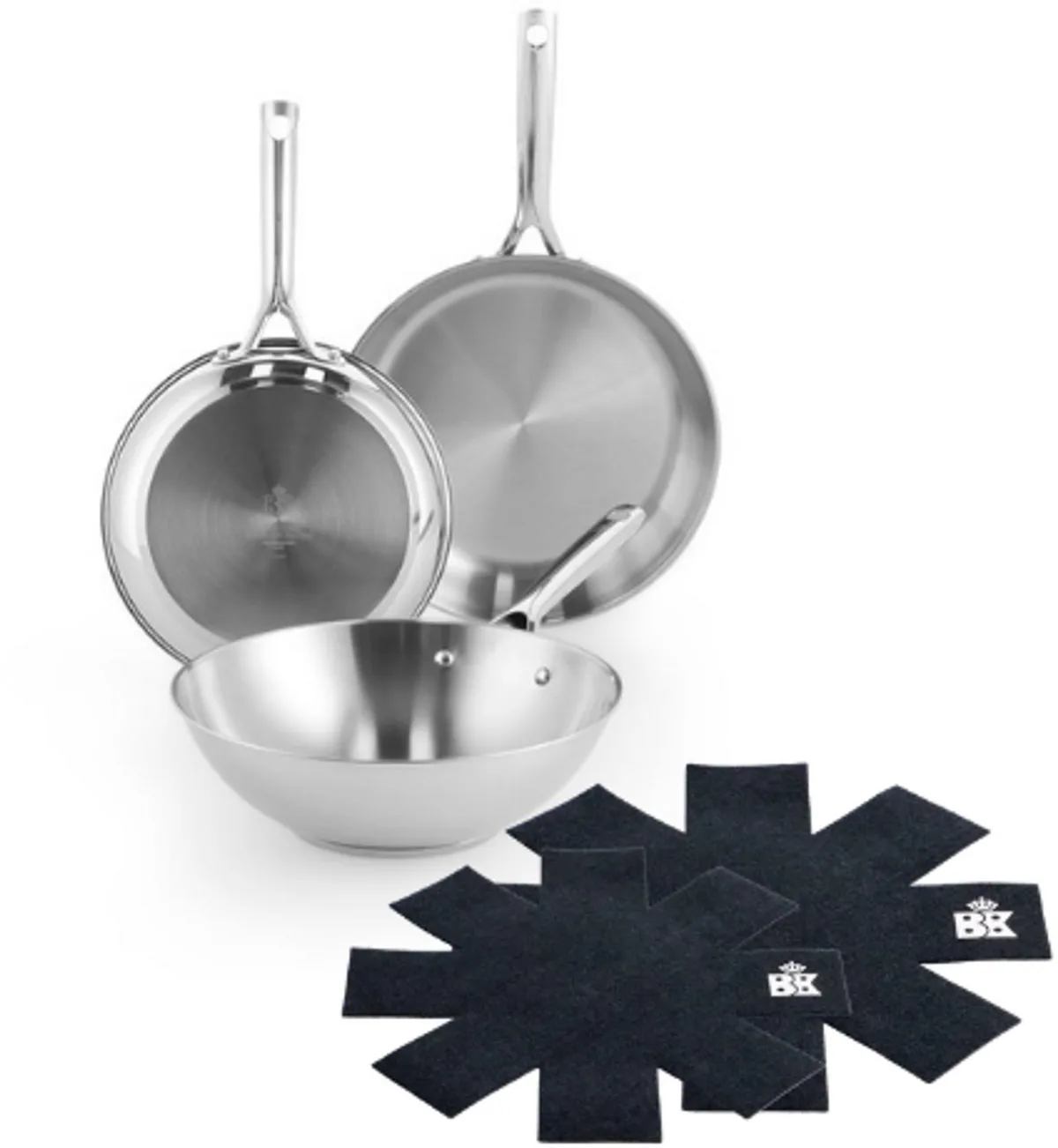Sparkling Pannenset 3-delig - Koekenpannen 24/28cm - Wokpan 28cm/4.2L - Zonder antikleeflaag - Pannenset inductie - RVS pannenset - Ovenbestendig tot 230°C - RVS handgrepen - Met Panbeschermer van BK in Zilver – productfoto