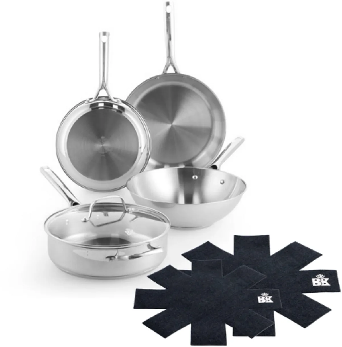 Sparkling Pannenset 4-delig - Koekenpannen 24/28cm - Wokpan 28cm - Hapjespan met deksel 28cm - Zonder antikleeflaag - Pannenset inductie - RVS pannenset - Ovenbestendig tot 230°C - RVS handgrepen - Met Panbeschermer van BK in Zilver – productfoto