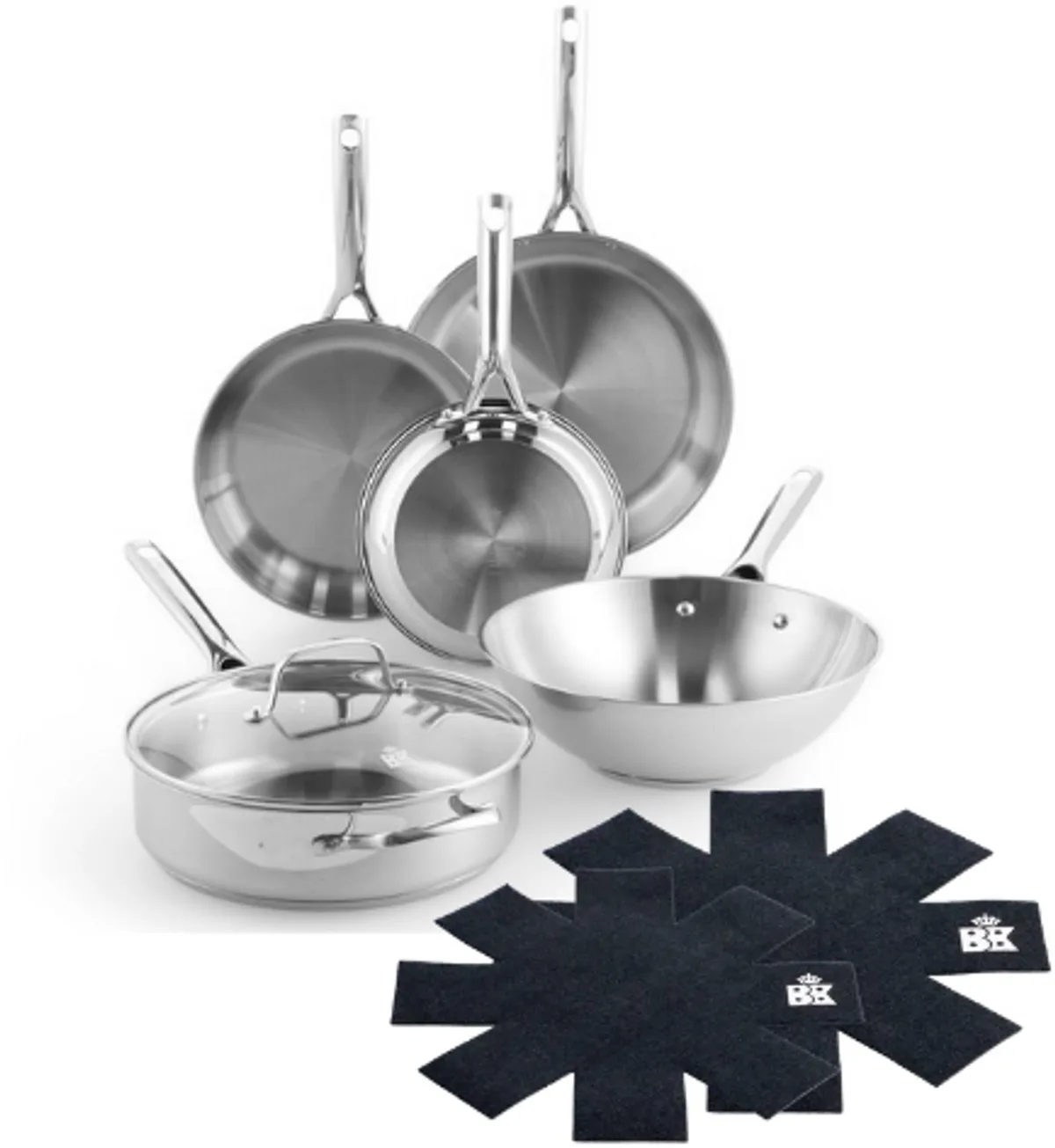 Sparkling Pannenset 5-delig - Koekenpannen 20/24/28cm - Wokpan 28cm - Hapjespan met deksel 28cm - Zonder antikleeflaag - Pannenset inductie - RVS pannenset - Ovenbestendig tot 230°C - RVS handgrepen - Met Panbeschermer by BK in Silver – product photo