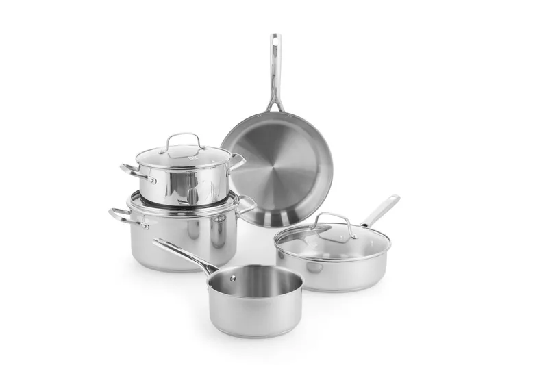 Sparkling Uncoated Pannenset 5-delig - 18-28cm - 3.6L - Zonder PFAS-vrije antikleeflaag - Pannenset inductie - RVS pannenset - Ovenbestendig tot 230°C - Hapjespan 28cm met deksel - Met glazen deksel - Zilver de BK en Argent – photo produit