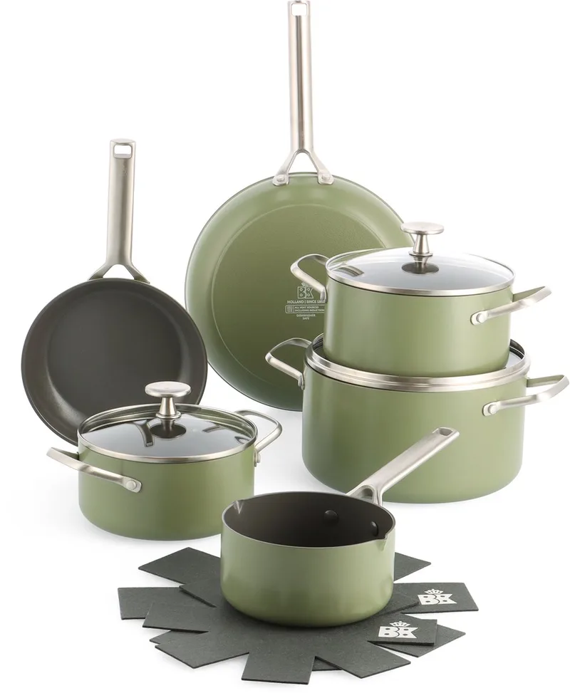 Sublime Pannenset 11-delig - 18/20/24/28cm - PFAS vrije antikleeflaag - Pannenset inductie - Keramische pan - Ovenbestendig tot 220°C - Gouden stainless steel handgrepen - Olijfgroen by BK in Olive_green – product photo