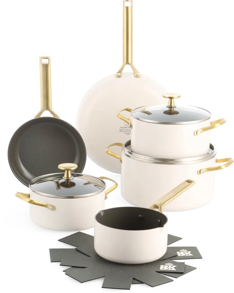 Sublime Pannenset 11-delig - 18/20/24/28cm - PFAS vrije antikleeflaag - Pannenset inductie - Keramische pan - Ovenbestendig tot 220°C - Gouden stainless steel handgrepen - Crème fra BK i Cream_white – produktbillede