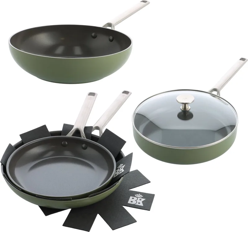 Sublime Pannenset 6-delig - 24/28cm - 3.7/4.2L - Panbeschermers - PFAS-vrije antikleeflaag - Pannenset inductie - Keramische pan - Ovenbestendig tot 220°C - Hapjespan 28cm met deksel - Met panbeschermers - Olijfgroen de BK en Olive_green – photo produit