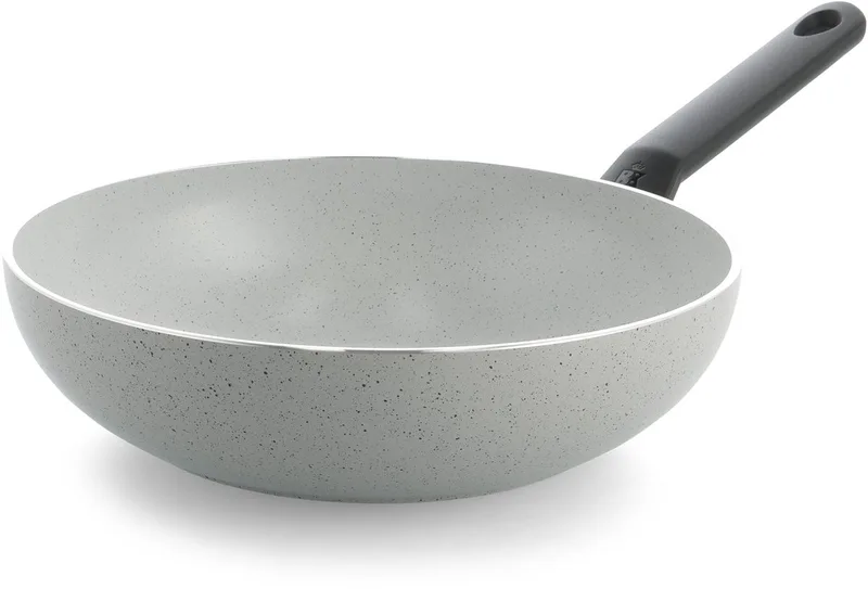 Universe Granite Wokpan 28cm - 3.69L - PFAS-vrije antikleeflaag - Wokpan inductie - Keramische Wokpan - Ovenbestendig tot 160°C - Koudgreep - Grijs/Graniet von BK in Silber – Produktfoto