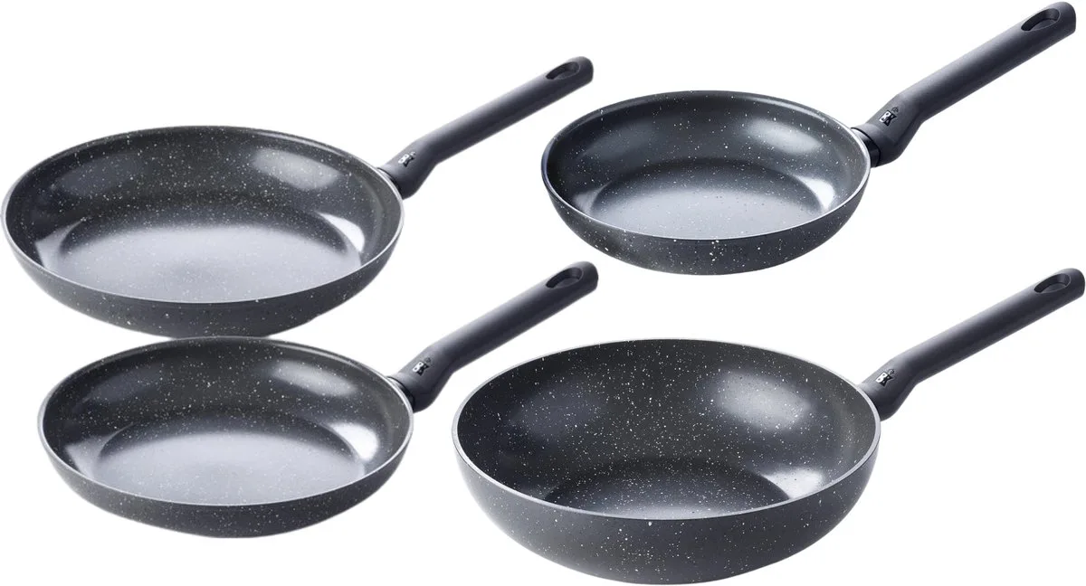 Universe Koekenpannenset 20cm, 24cm, 28cm + Wokpan 28cm - PFAS-vrije antikleeflaag - Inductiegeschikt - Keramische pannen - Koudgrepen - Ovenbestendig - Vaatwasserbestendig - Zwart/Graniet de BK en Noir – photo produit