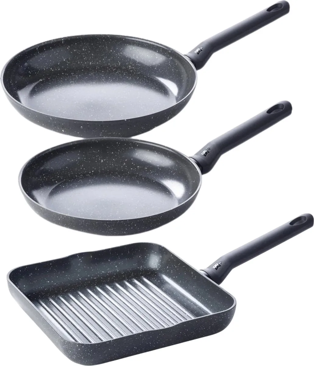 Universe Pannen Set - 24cm, 28cm Koekenpannen & 26cm Grillpan - PFAS-vrije Antikleeflaag - Inductiegeschikt - Ovenbestendig tot 160°C - Zwart van BK in Zwart – productfoto