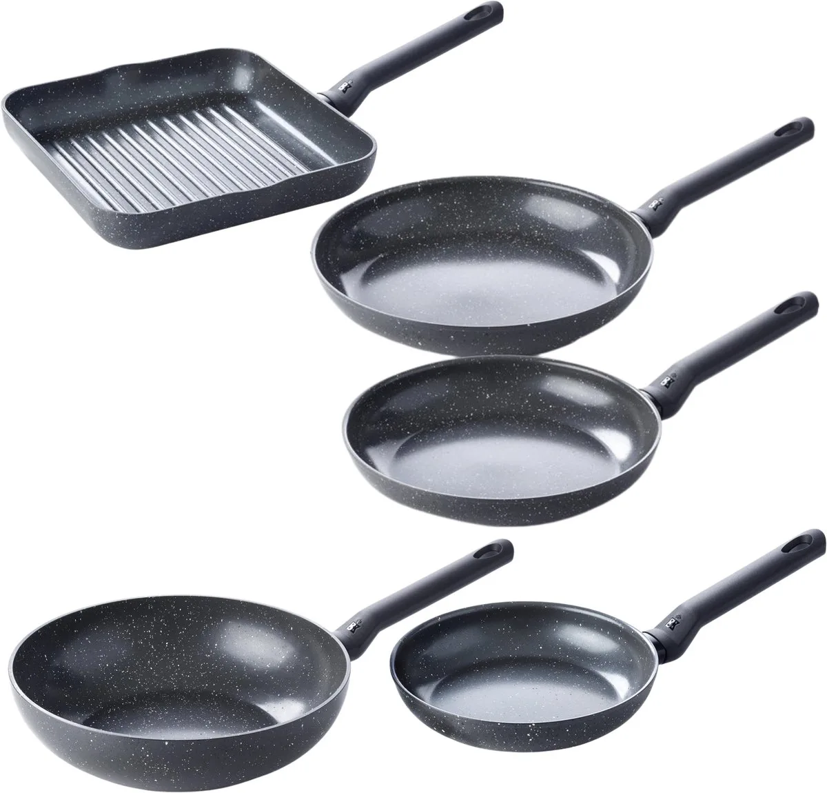 Universe Pannenset - Koekenpan 20cm, 24cm, 28cm + Wokpan 28cm + Grillpan 26cm - PFAS-vrije Antikleeflaag - Inductiegeschikt - Zwart/Graniet fra BK i Sort – produktbillede
