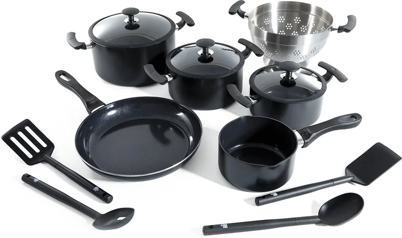 Vivid Keramische Antiaanbak Pannenset 13-delig - Ø16-28cm - Koekenpan - Hapjespan - PFAS-vrij – Inductie Pannenset – Ovenbestendig tot 160°C – Vaatwasserbestendig – Snelle opwarming – Koudgrepen - Zwart von BK in Schwarz – Produktfoto
