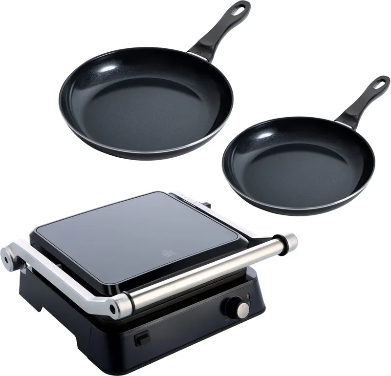 Vivid Koekenpannenset 2-delig met Contactgrill - 24/28cm - PFAS-vrije antikleeflaag - Inductie pannenset - Keramische pan - Ovenbestendig tot 160° - Zwart von BK in Dunkelblau – Produktfoto