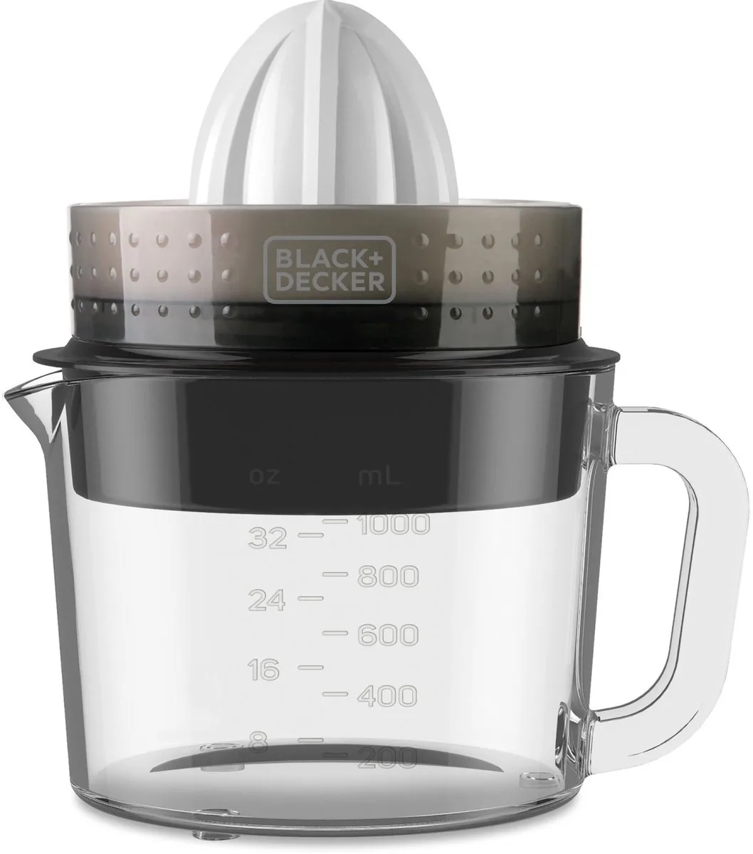 Automatische Citruspers 30W | Glazen Kom 1L | Dubbele Rotatierichting | Pulpregelaar | Verwijderbare Kegels | Vaatwasmachinebestendig | Compact Opbergsysteem von Black+Decker in Transparent, Schwarz – Produktfoto