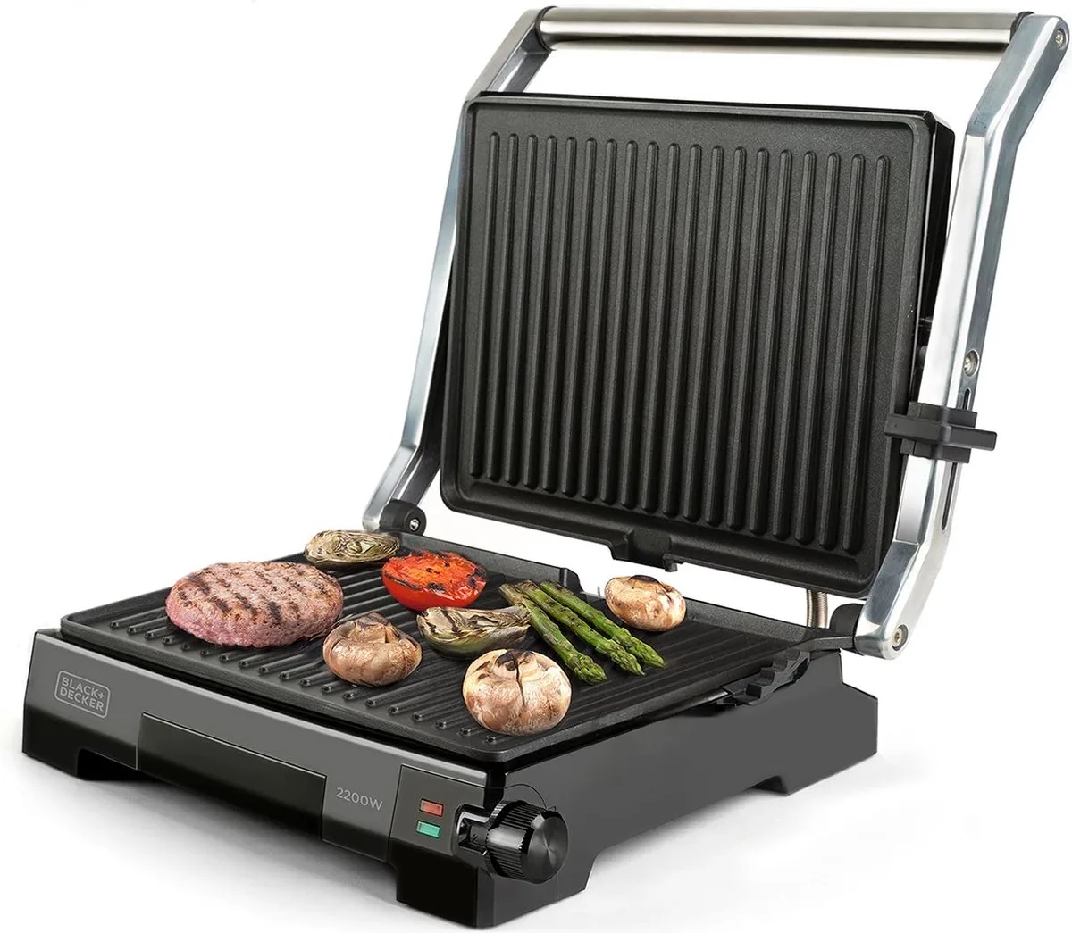 BXGR2200E Grill - 2200W Contactgrill en Grillplaat - Kanteldeksel met 6 Standen - 180° Openklapbaar - 29x23 cm Antiaanbakplaat - PFOA-vrij - RVS Behuizing - Voor Panini, Vlees, Groenten en Vis van Black+Decker in Zwart – productfoto