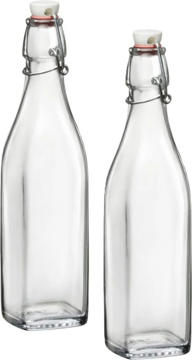 beugelfles/weckfles - 2x - 1 liter - glas - vierkant - water/olie/azijn/sapjes - Karaffen van Bormioli Rocco in Transparant – productfoto