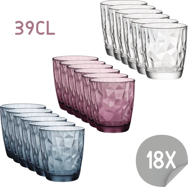 Diamond Waterglazenset - 39 cl - 18 stuks - Transparant - Paars - Drinkglazen - Voordeelpakket by Bormioli Rocco in Blue – product photo