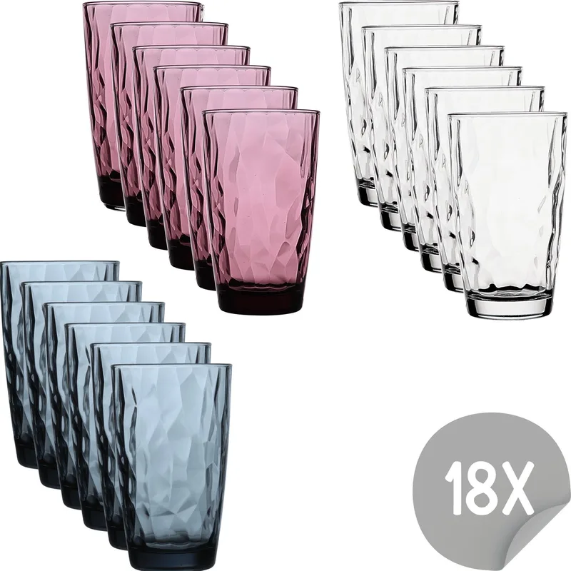 Diamond Waterglazenset - 47 cl - 18 stuks - Transparant - Paars - Drinkglazen - Voordeelpakket by Bormioli Rocco in Blue – product photo
