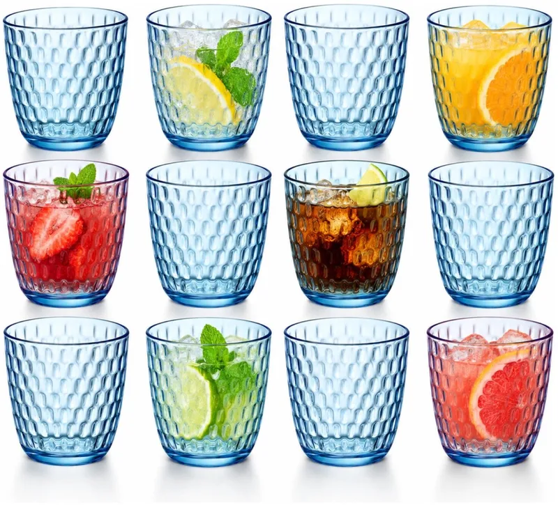 Drinkglazen Drops - waterglazen - transparant - glas - set 12x stuks - 290 ml - gekleurd glas - stapelbaar de Bormioli Rocco en Bleu – photo produit