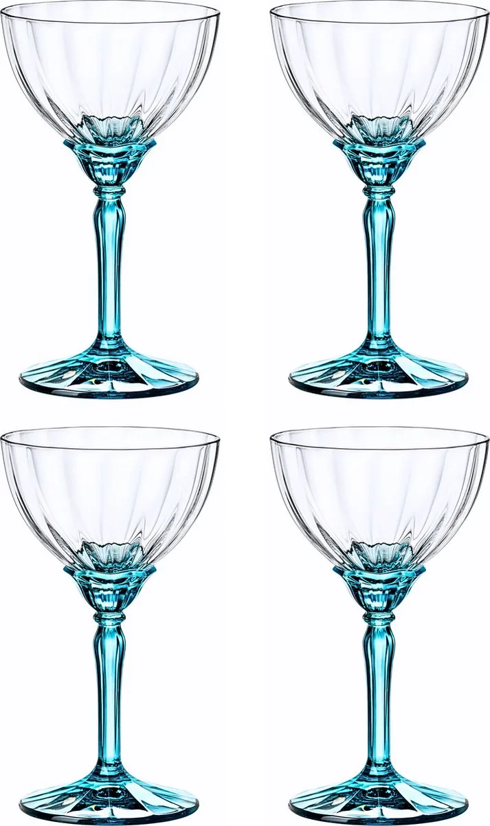 Florian Champagneglazen - Luxe Cocktail glazen - 4 stuks - 24 cl - Blauwe stam - Bundel - Blauw - Pornstar Martini von Bormioli Rocco in Transparent – Produktfoto