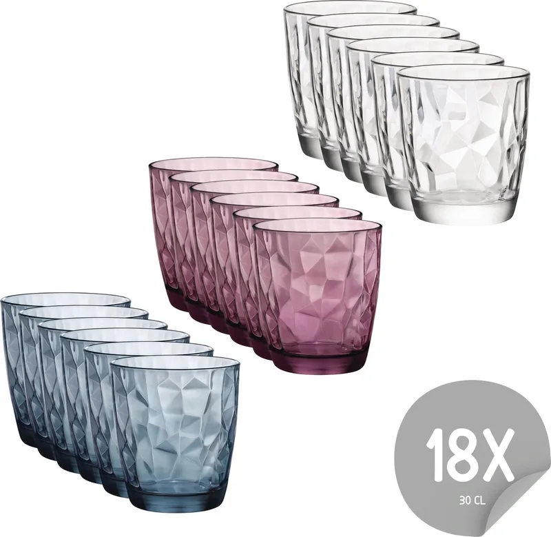 Glazenset - Waterglazen - Tumblers - Diamond 300 ml - 18 Stuks de Bormioli Rocco – photo produit