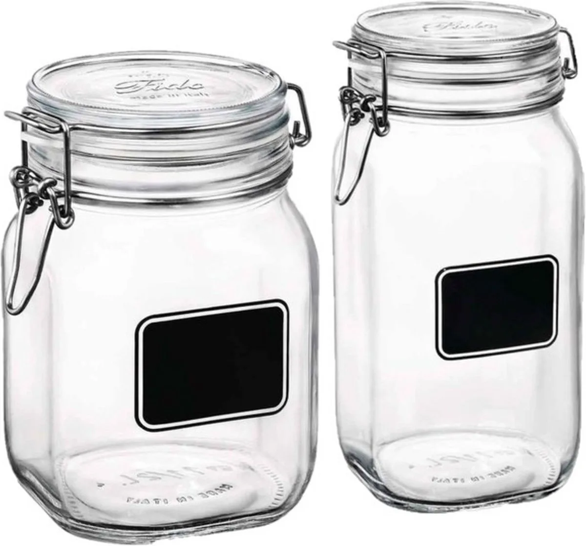 Set van 2x stuks weckpotten/inmaakpotten met krijtplaatje 1 liter - 1,5 liter - D 10,6 cm van Bormioli Rocco in Transparant – productfoto