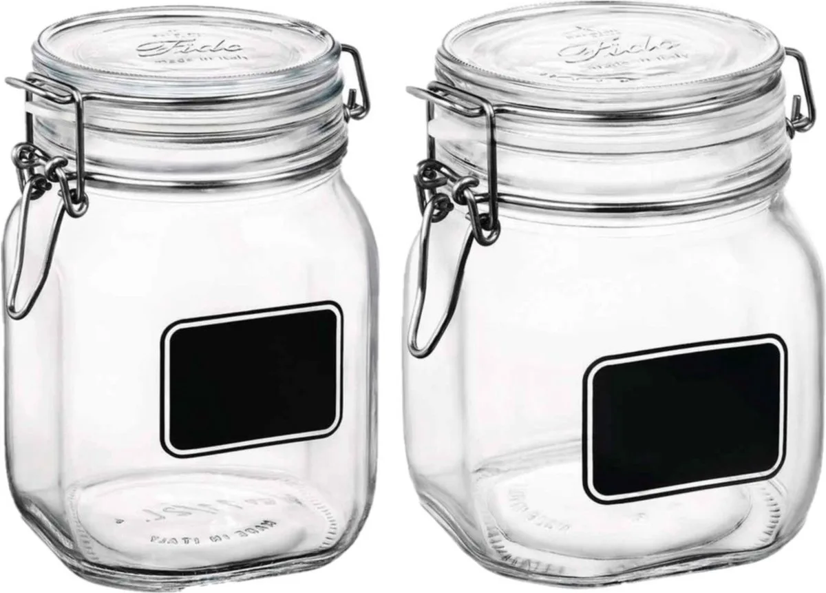Set van 2x stuks weckpotten/inmaakpotten met krijtplaatje 750 ml - 1 liter - D 10,6 cm van Bormioli Rocco in Transparant – productfoto