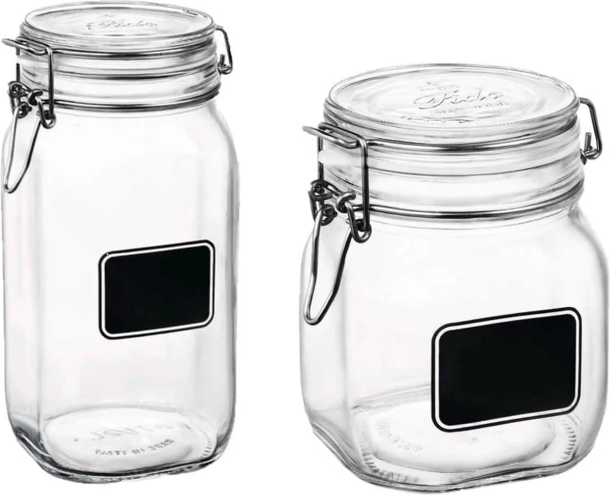 Set van 2x stuks weckpotten/inmaakpotten met krijtplaatje 750 ml - 1,5 liter - D 10,6 cm de Bormioli Rocco en Transparent – photo produit