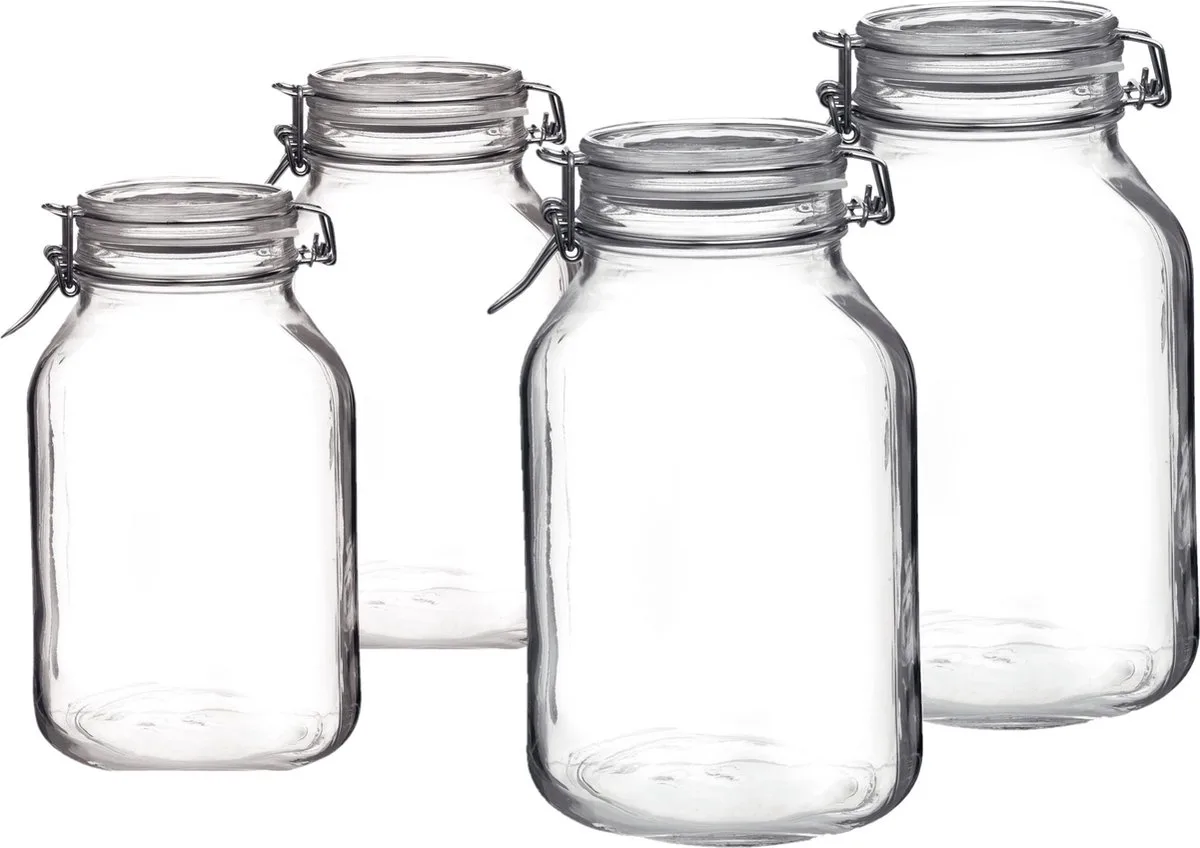 Set van 4x stuks weckpotten/inmaakpotten met beugelsluiting 2 liter - 3 liter - Voorraadpotten fra Bormioli Rocco i Gennemsigtig – produktbillede