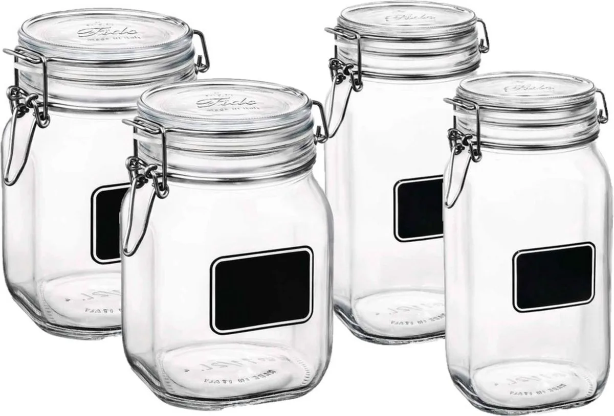 Set van 4x stuks weckpotten/inmaakpotten met krijtplaatje 1 liter - 1,5 liter - D 10,6 cm de Bormioli Rocco en Transparent – photo produit