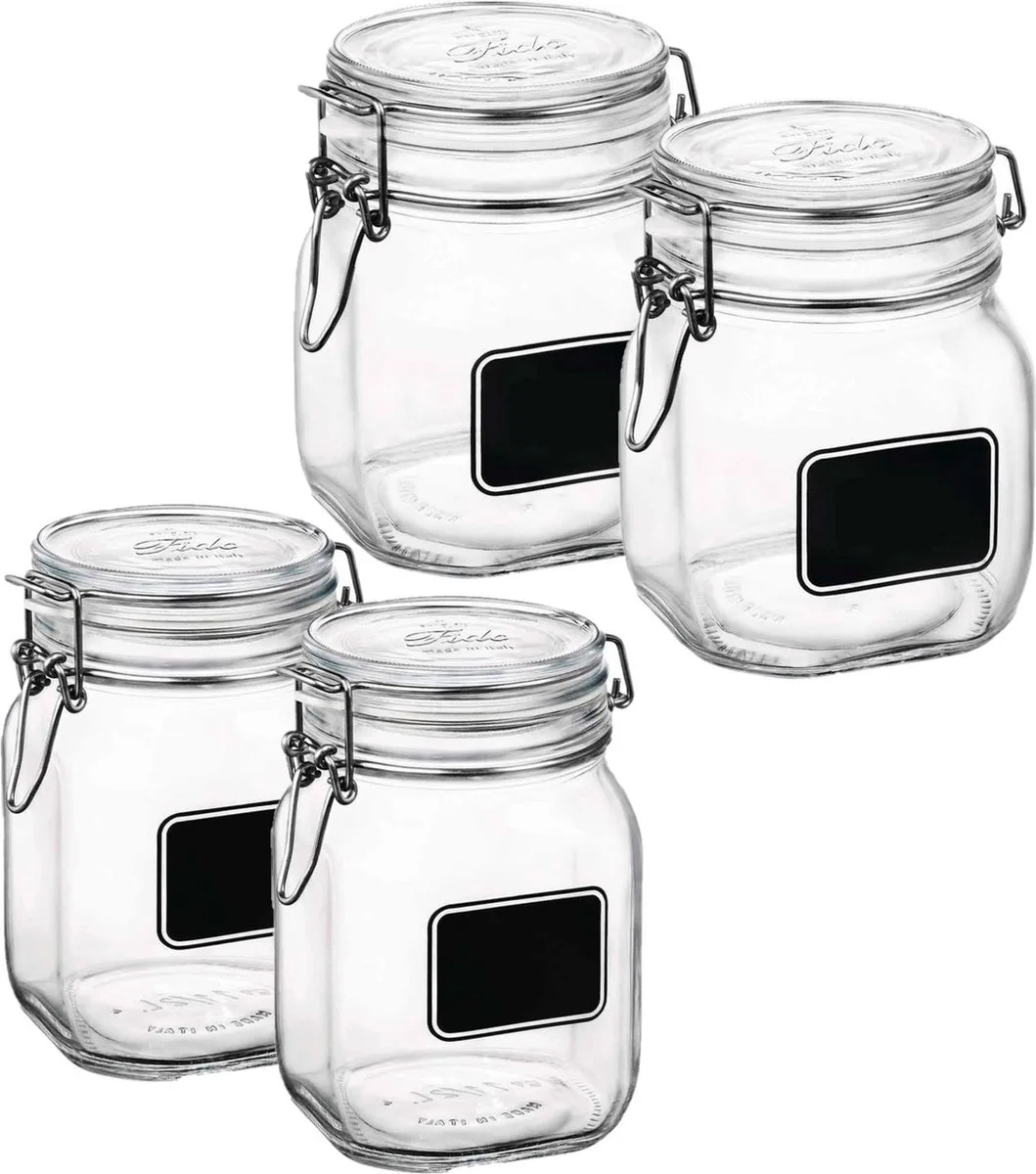 Set van 4x stuks weckpotten/inmaakpotten met krijtplaatje 750 ml - 1 liter - D 10,6 cm van Bormioli Rocco in Transparant – productfoto
