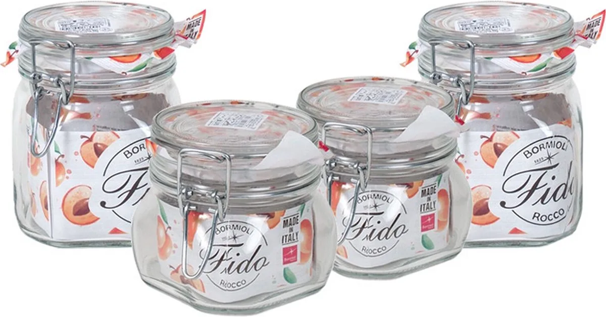 Set van 4x weckpotten/inmaakpotten 2x 500 ml and 2x 750 ml met beugelsluiting - voorraadpotten van Bormioli Rocco in Transparant – productfoto