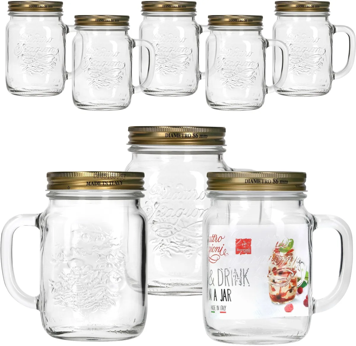 Set van 8 Quattro Stagioni drinkglazen met handvat 0,75 l de Bormioli Rocco en Transparent – photo produit