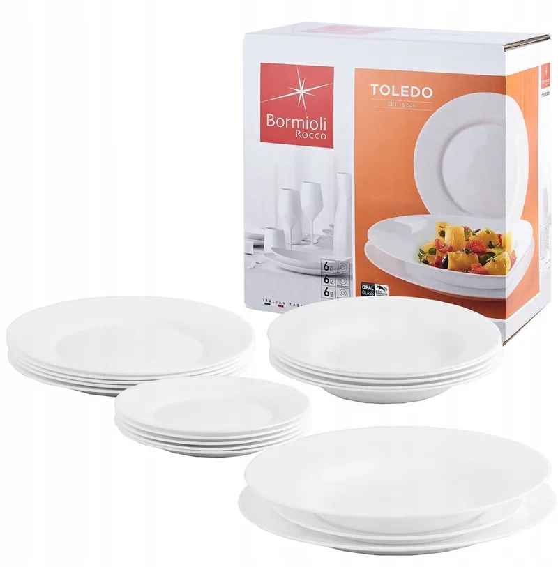 Toledo 18-delig servies voor 6 personen, opaalglas de Bormioli Rocco en Blanc – photo produit