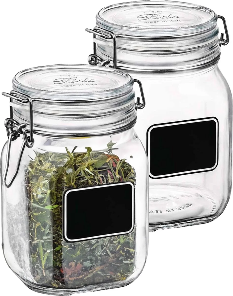 Voorraad/weckpot - 2x - glas - krijtplaatje - 16 x 10,6 cm - 1 L de Bormioli Rocco en Transparent – photo produit