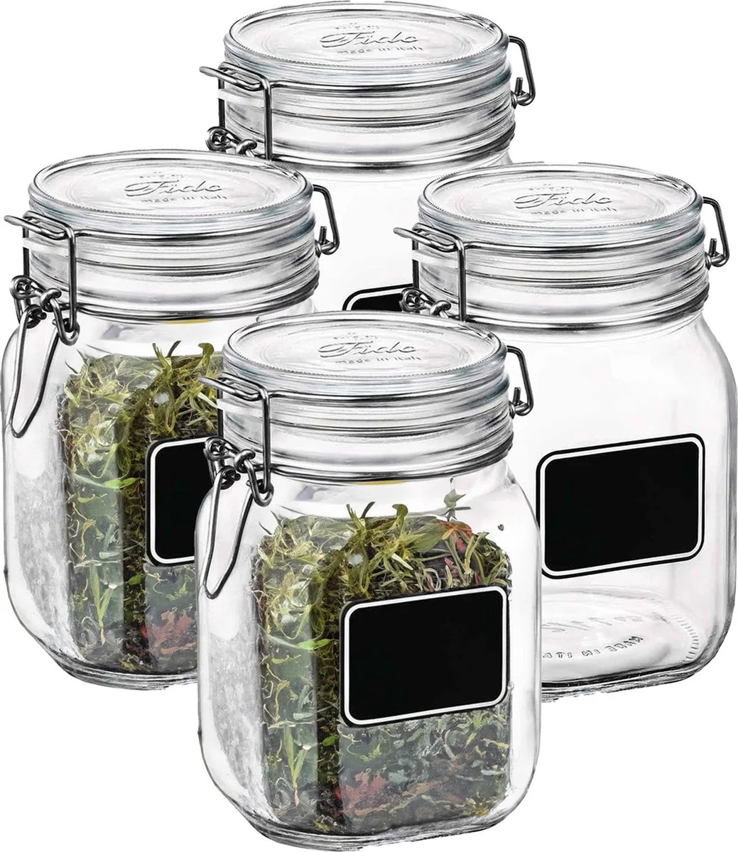 Voorraad/weckpot - 4x - glas - krijtplaatje - 16 x 10,6 cm - 1 L de Bormioli Rocco en Transparent – photo produit