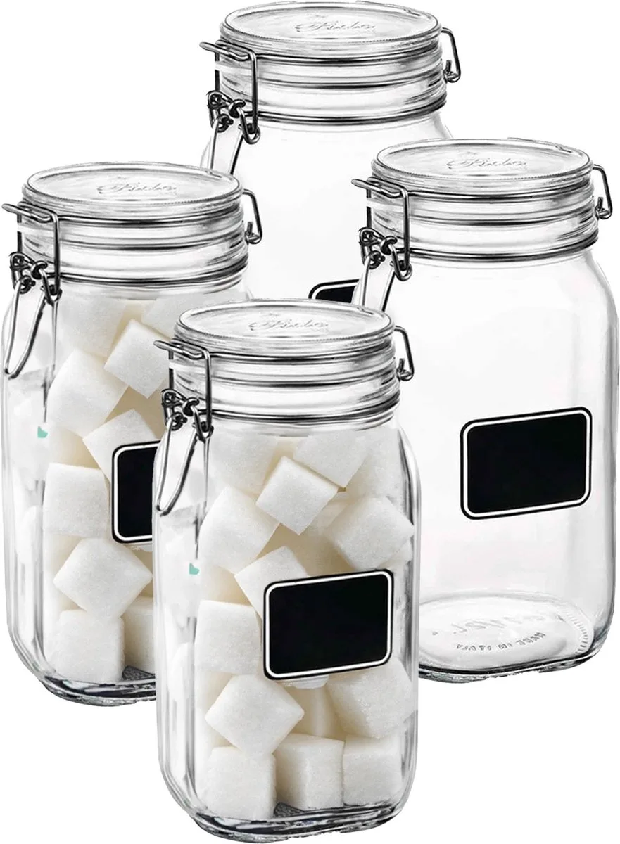 Voorraad/weckpot - 4x - glas - krijtplaatje - 22 x 10,6 cm - 1 L van Bormioli Rocco in Transparant – productfoto