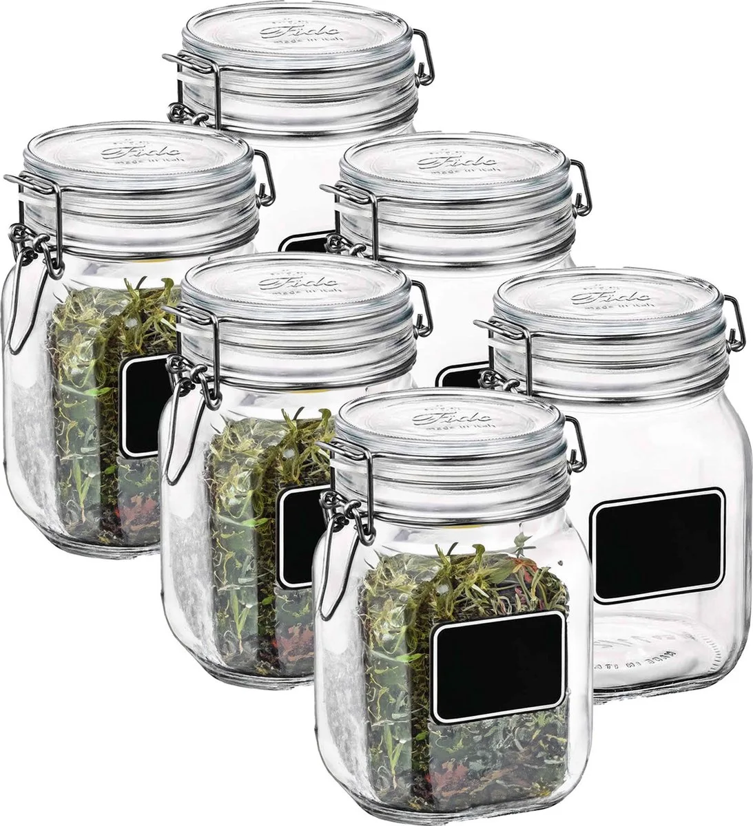 Voorraad/weckpot - 6x - glas - krijtplaatje - 16 x 10,6 cm - 1 L de Bormioli Rocco en Transparent – photo produit