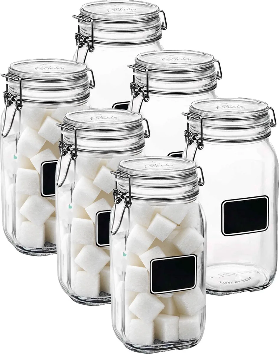 Voorraad/weckpot - 6x - glas - krijtplaatje - 22 x 10,6 cm - 1 L van Bormioli Rocco in Transparant – productfoto