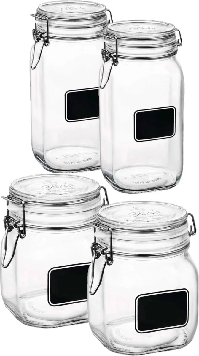 Weckpotten/inmaakpotten - Set van 4x stuks - met krijtplaatje 750 ml - 1,5 liter - D 10,6 cm de Bormioli Rocco en Transparent – photo produit