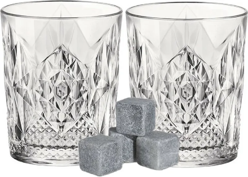 whiskyglazen - set 6x stuks van 390 ml - en 6x whisky ijsblokstenen - Cadeau set de Bormioli Rocco en Transparent – photo produit