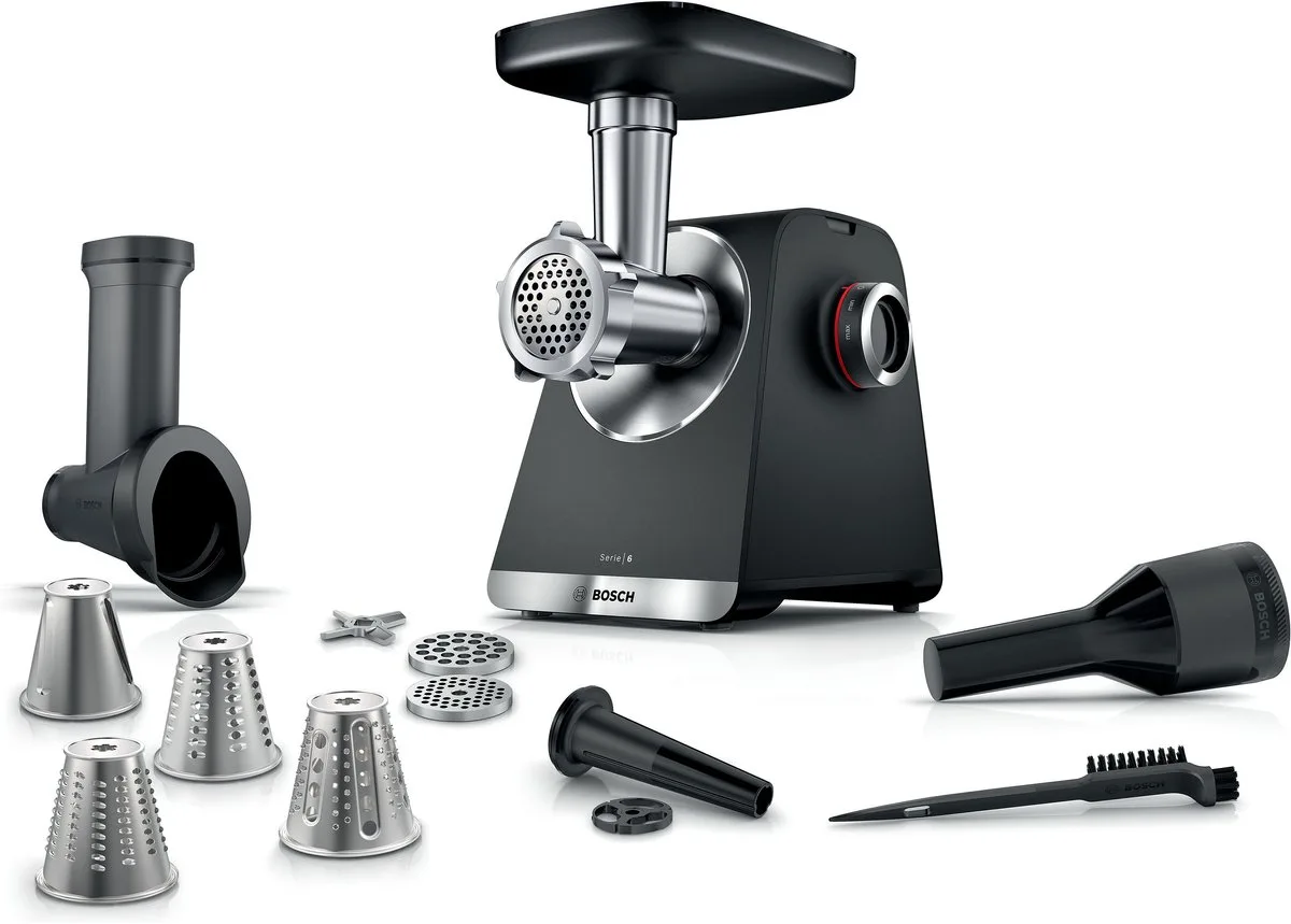 MFWS641B - Serie 6 Vleesmolen - MultiPower - 2100 W - Zwart - Metallic zilver by Bosch in Kunststof, Metaal – product photo