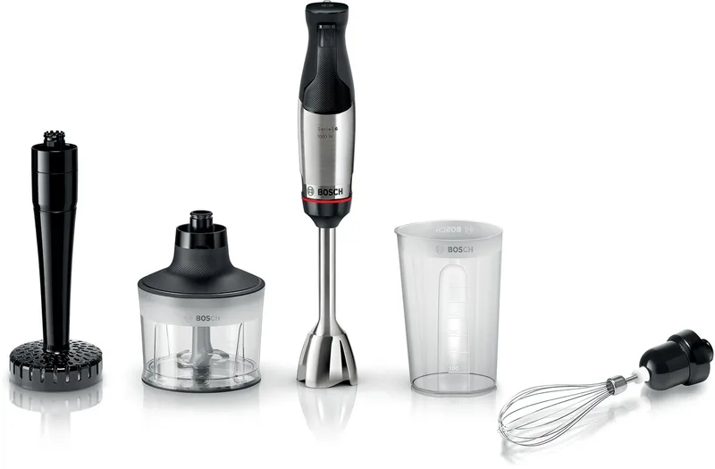 MSM6M633 ErgoMaster Serie 6 - Staafmixer set - 1000 W - Inclusief maatbeker, garde, hakmolen & pureestamper by Bosch in Rvs – product photo