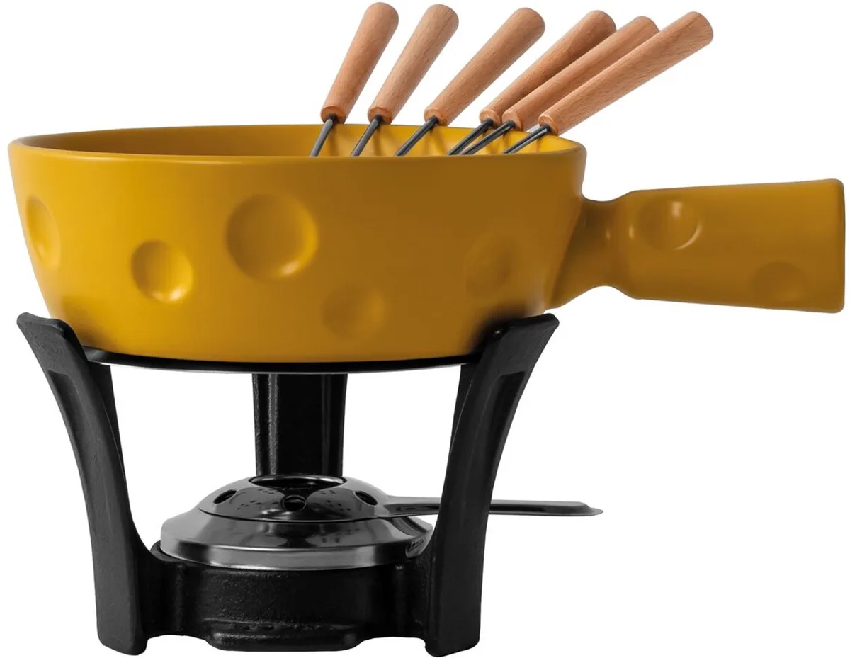 Fondueset Super Cheesy - Kaasvormige Fonduepan - Vaatwasserbestendig - Geel - 1,3 L van Boska in Zwart, Geel – productfoto