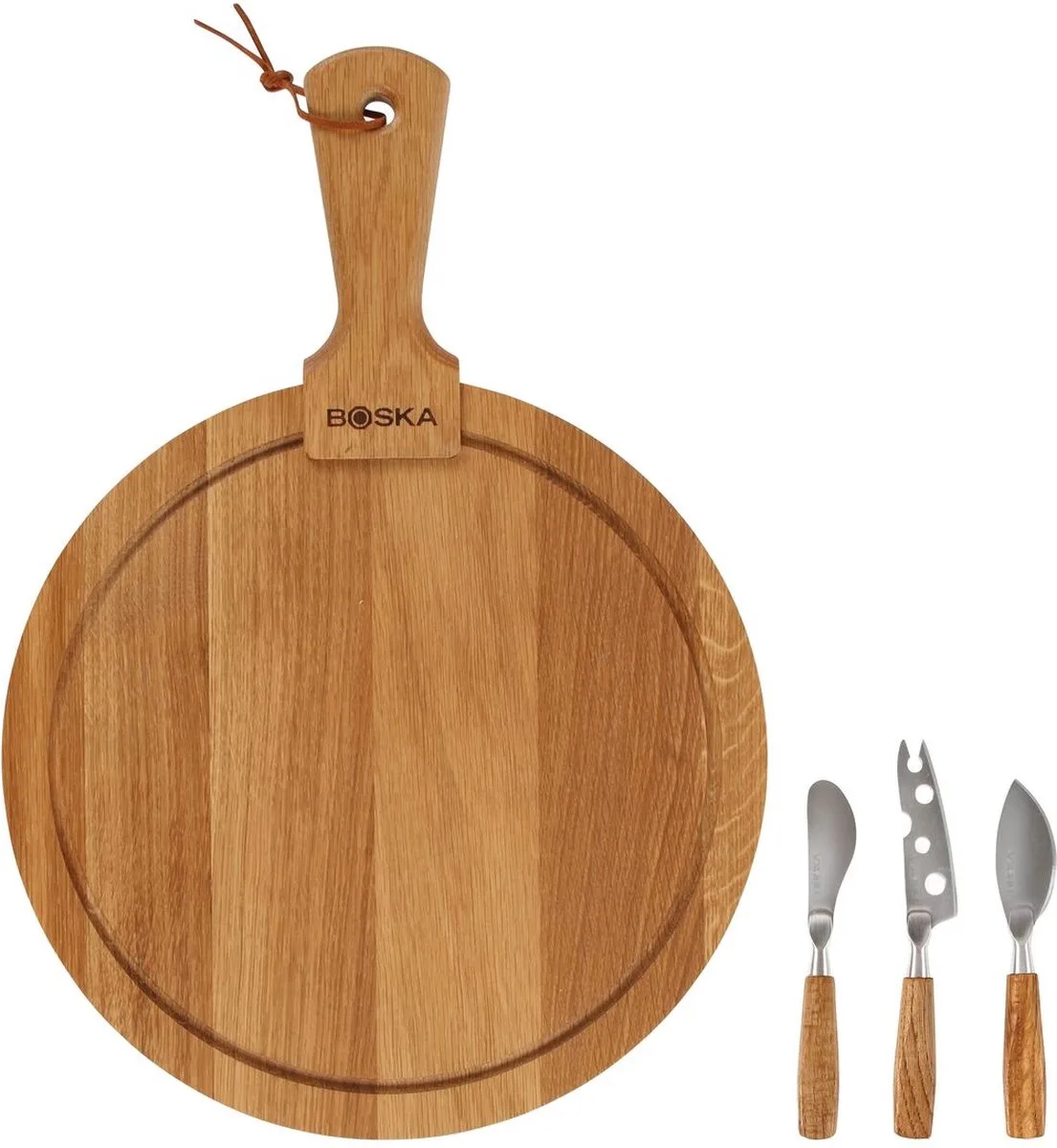 Kaasset Friends Rond - Europees Eikenhout - Complete Set incl. 3 Kaasmessen - Ø 29,5 cm van Boska in Bruin – productfoto