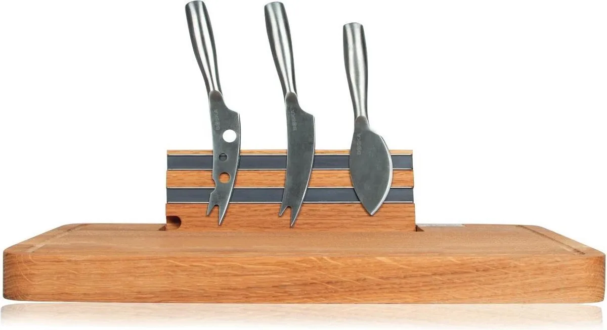Party Cheese Set - Kaasplank met messen - Luxe Eikenhouten Serveerplank met Magneetstrip - Bruin - 34,2 cm von Boska in Braun, Silber – Produktfoto