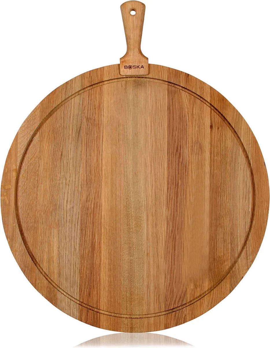 Serveerplank Rond Friends XL - Borrelplank met opvanggeul - Eikenhouten Tapasplank / kaasplank - 55 cm de Boska en Marron – photo produit
