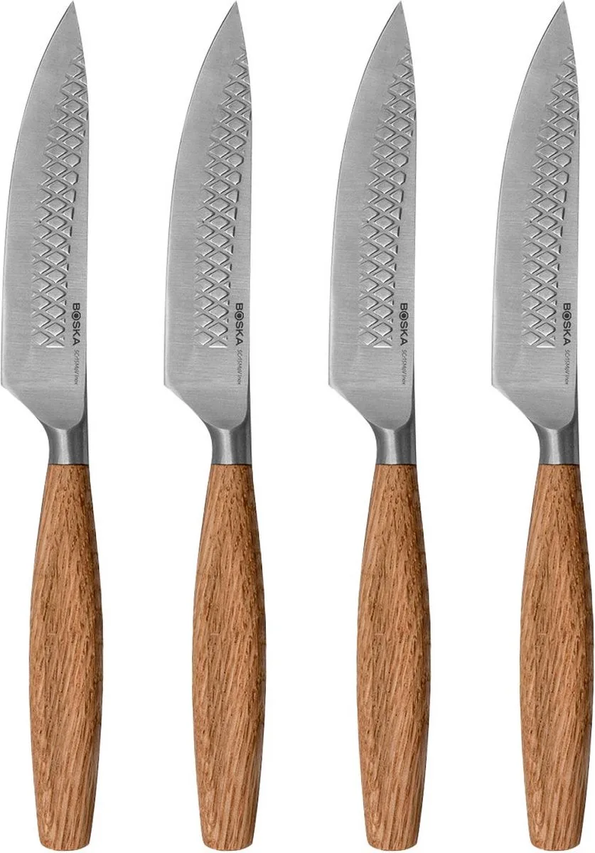 Steakmessen / Steakmessenset Oslo+ - 4 Stuks - RVS - Voor vlees en vega - Non-stick - Europees eikenhout van Boska in Bruin – productfoto