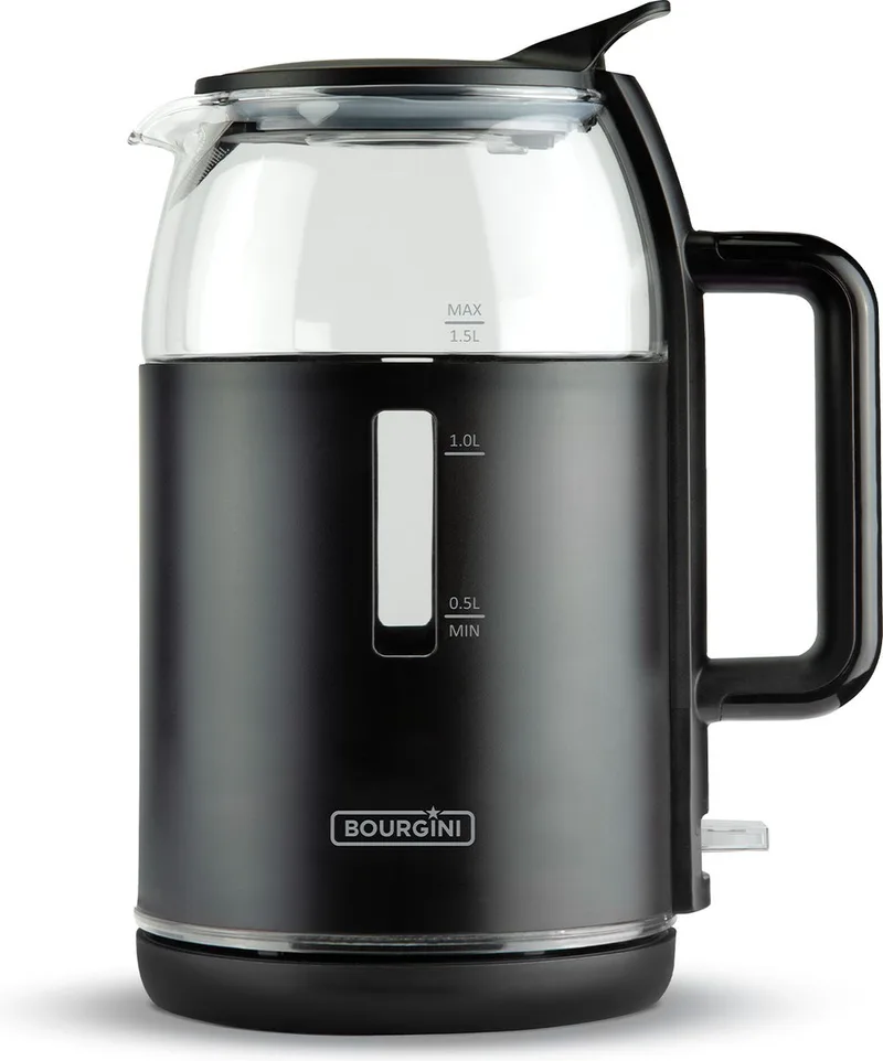 Glazen Waterkoker - Mat - Snoerloos te gebruiken - Gemakkelijk vullen door deksel - ruime 1.5L inhoud - BPA vrij van Bourgini in Zwart – productfoto