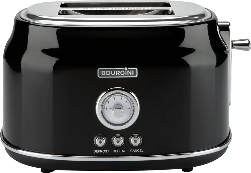Retro Broodrooster - Zwarte broodrooster met nostalgische thermostaat - 6 warmtestanden en ontdooifunctie - Handige kruimellade en extra hoge broodlift de Bourgini en Noir – photo produit